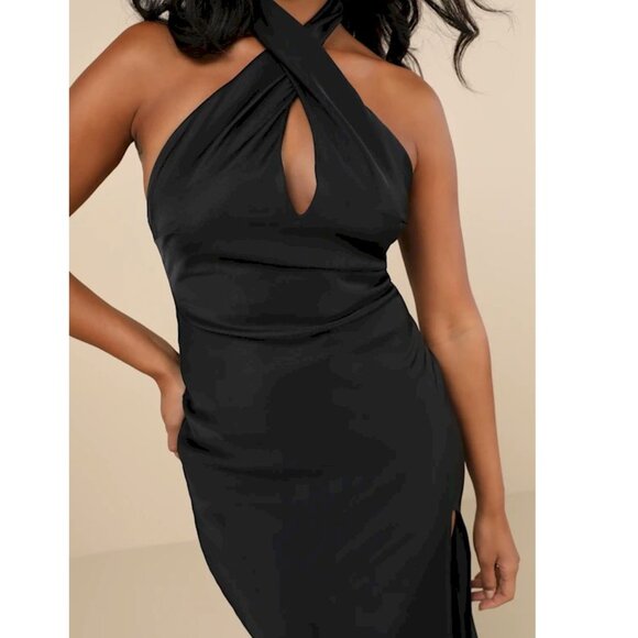 Beyond Classy Black Satin Halter Midi Dress by Lulus Size Large NWOT - Picture 13 of 16
